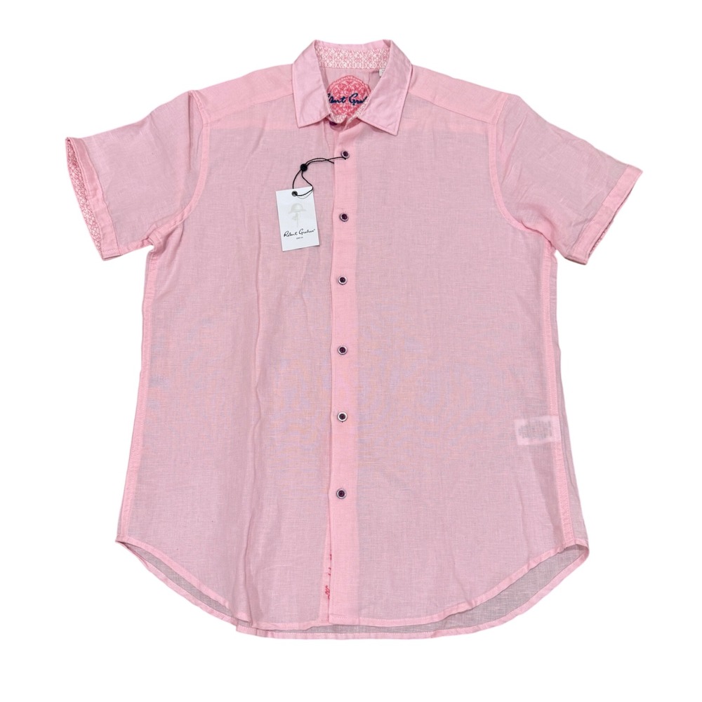 Robert Graham Borsi Linen Blend Short Sleeve Button Shirt Mens Small Pink NWT